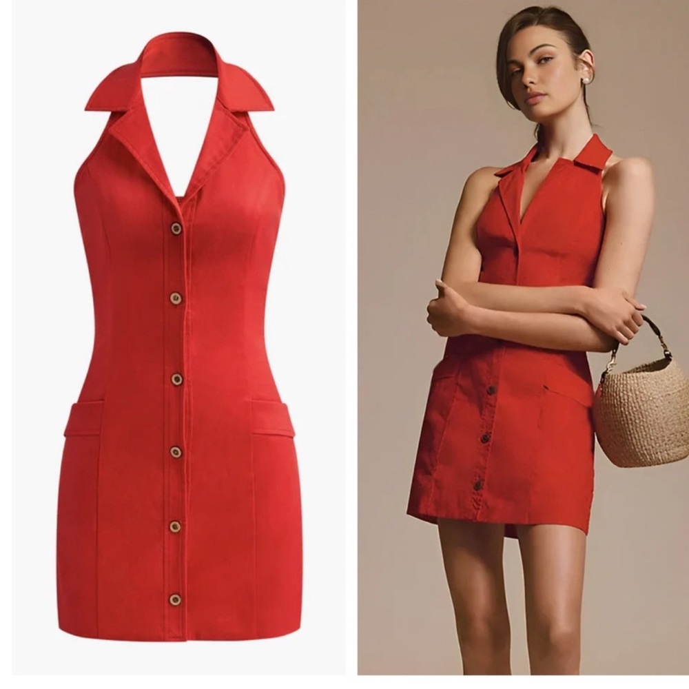 Commense Red Halter Collared Mini Dress